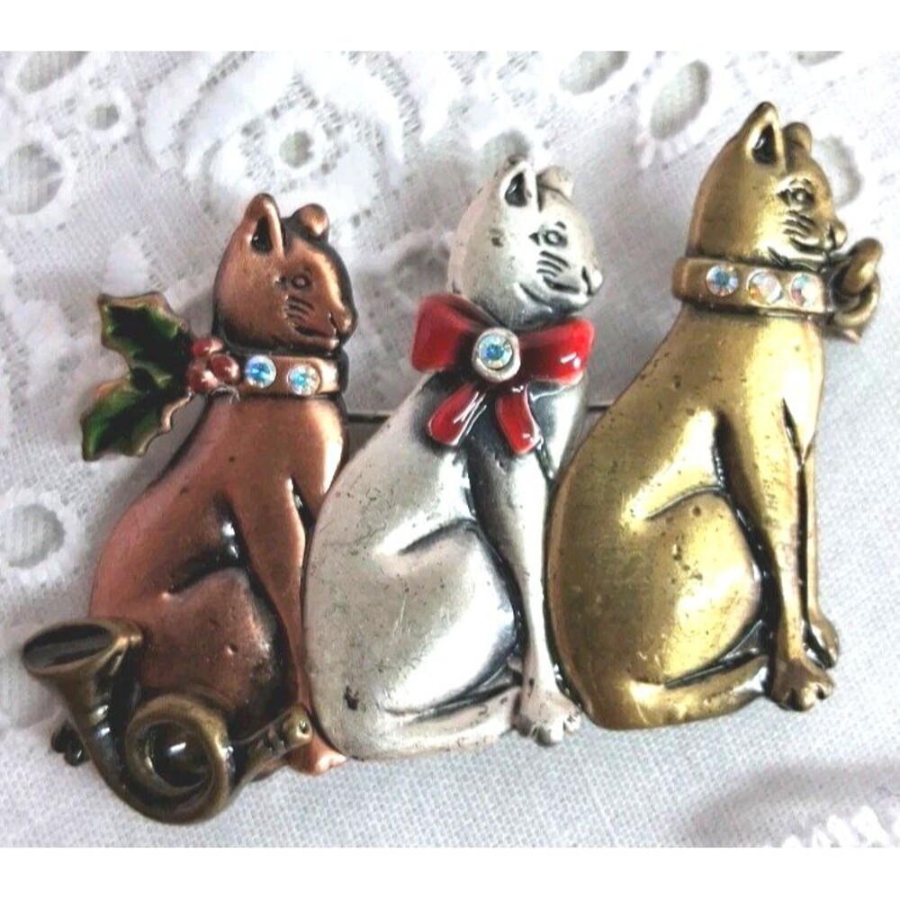 Kenneth Cole KC Holiday Cats Tricolor Metal Brooch Music Articulated Bell